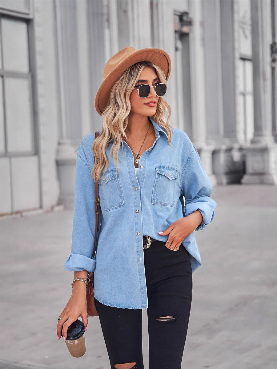 きれいめカジュアル ゆったりシルエット胸ポケット付きデニムシャツ