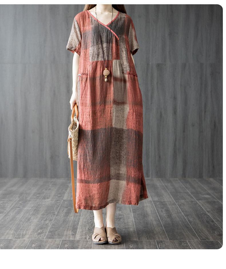 きれいめカジュアル 格子柄パッチワーク風ゆったりロング丈ワンピース