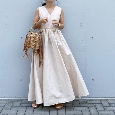 きれいめカジュアル リネン素材ノースリーブマキシ丈ワンピース