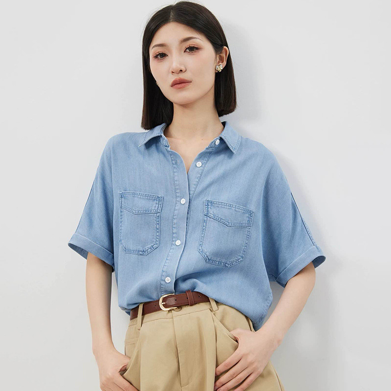 きれいめカジュアル ダブルポケット半袖デニムシャツ