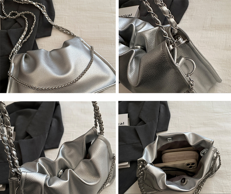 きれいめカジュアル 女性用二重鎖肩掛けバッグ くしゅくしゅ巾着型