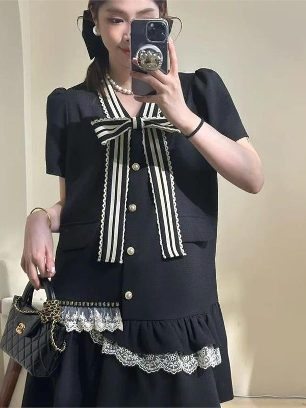 きれいめカジュアル 優雅リボン裾レース ワンピース