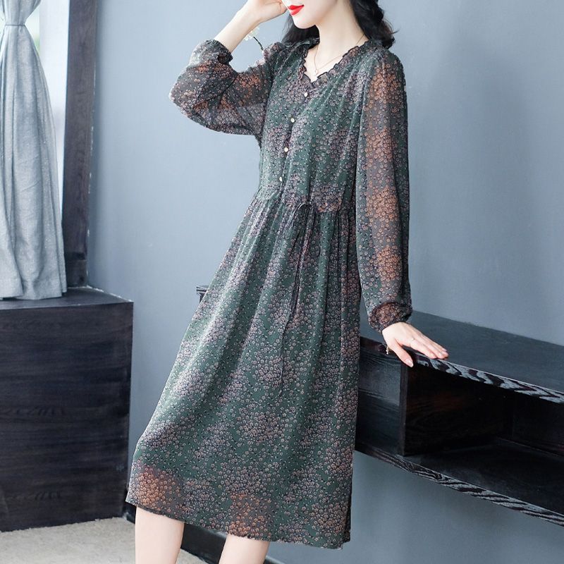 きれいめカジュアル 花柄シフォン長袖ワンピース