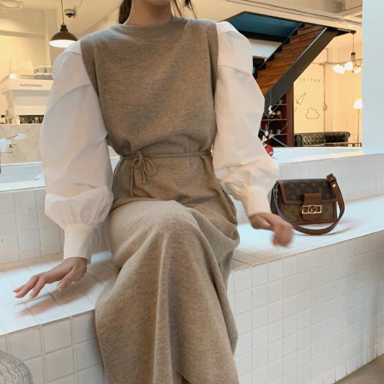 きれいめカジュアル レイヤード風長袖ワンピース ロング丈ニットベスト重ね着風