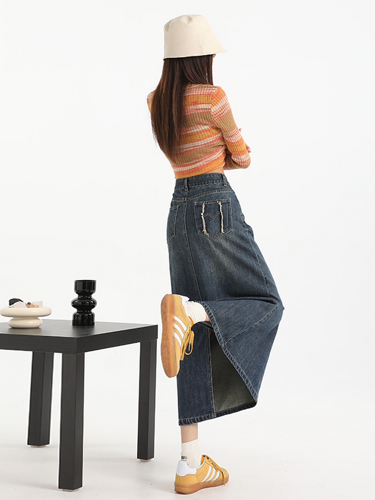 きれいめカジュアル 優美なシルエット デニムロングスカート
