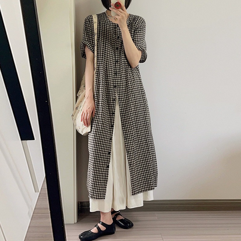 きれいめカジュアル 格子柄シャツワンピース 半袖 重ね着風 妊婦対応