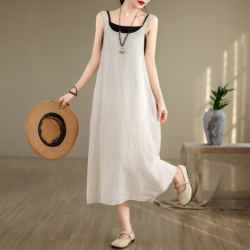 きれいめカジュアル 配色切替ノースリーブリネン混ロングワンピース