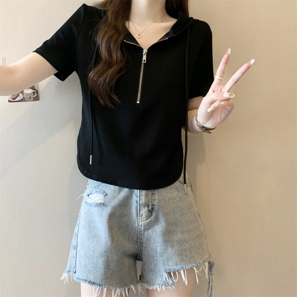 きれいめカジュアル フード付き半袖ジップスエット
