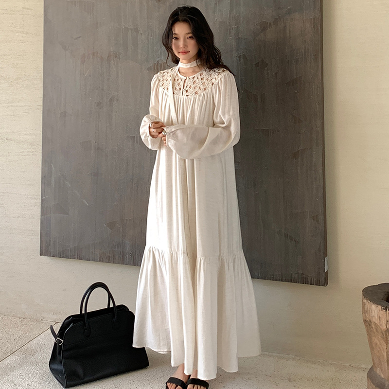 きれいめカジュアル 胸元レース 袖ふんわり ティアードマキシワンピース