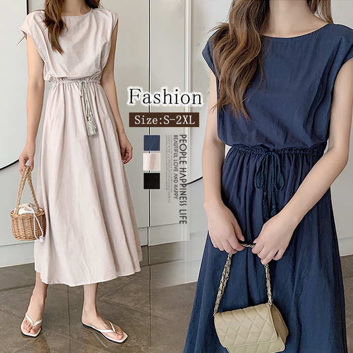 きれいめカジュアル 夏の涼やか袖なしワンピース ウエストリボン付き