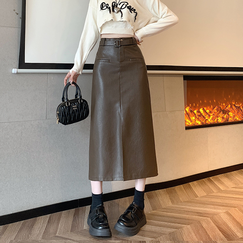 フェイクレザースカート レディース ハイウエスト Iライン スリット入り ミモレ丈 タイトスカート きれいめカジュアル