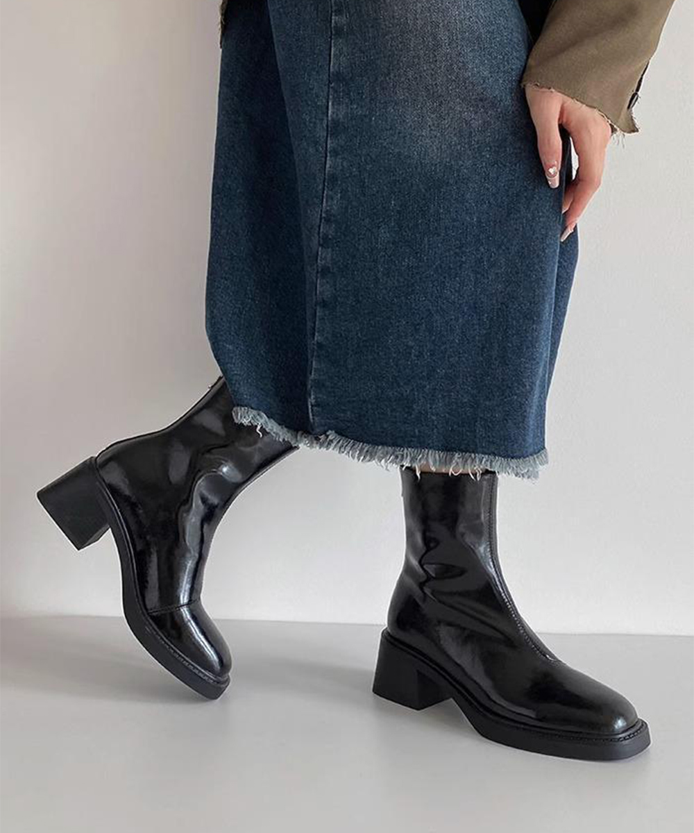 きれいめカジュアル レディース太ヒール短丈靴 歩きやすい四角つま先