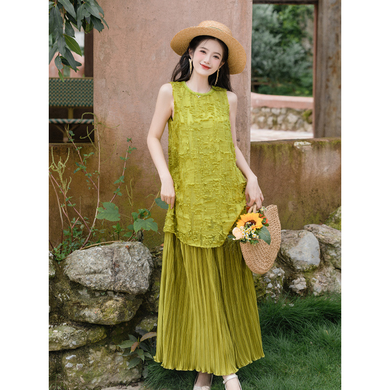 きれいめカジュアル レース切替プリーツロングワンピース