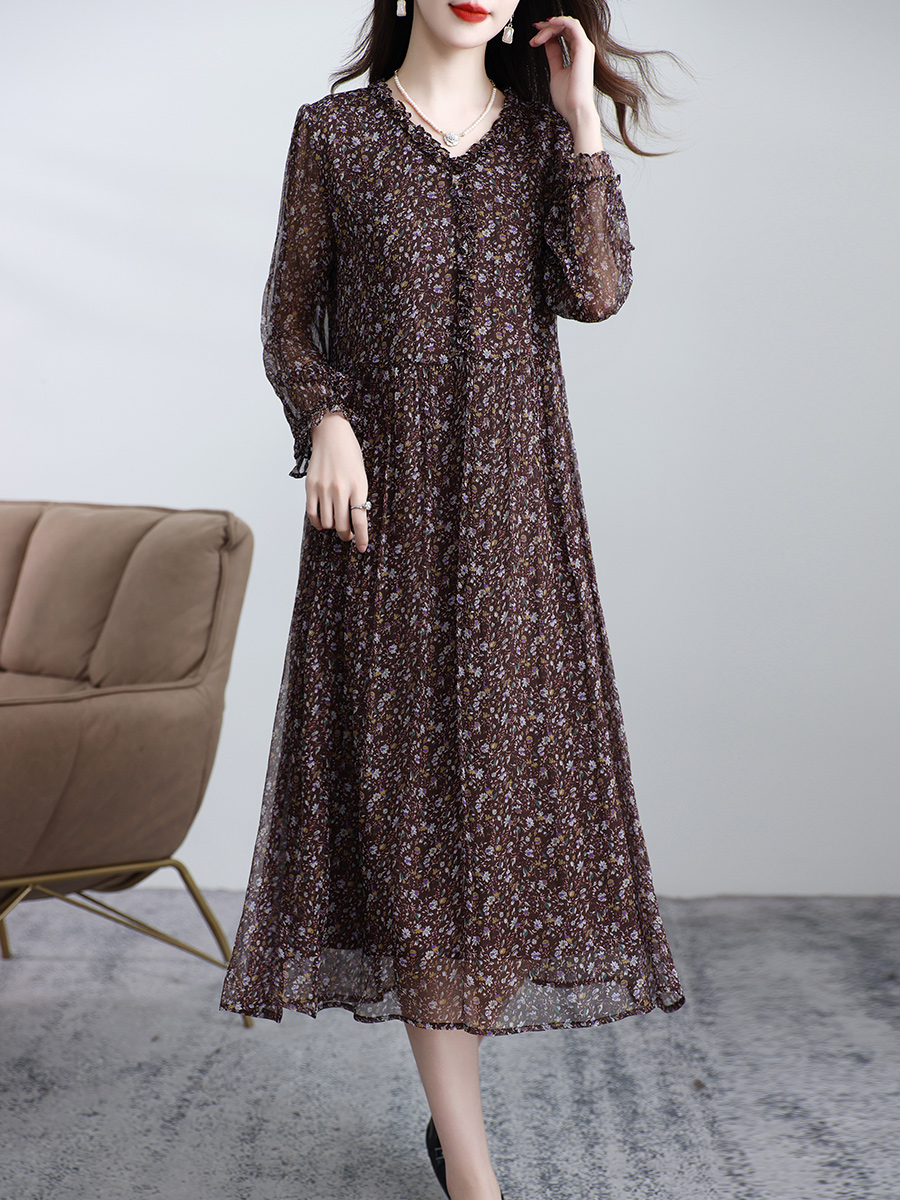 きれいめカジュアル 小花柄シフォン長袖ゆったりワンピース