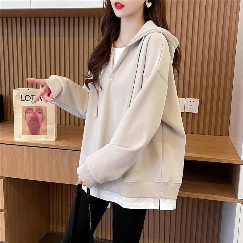 きれいめカジュアル 裾レイヤード風ゆったりシルエット重ね着風パーカー