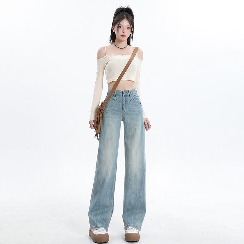 きれいめカジュアル ハイウエストワイドストレートデニムパンツ
