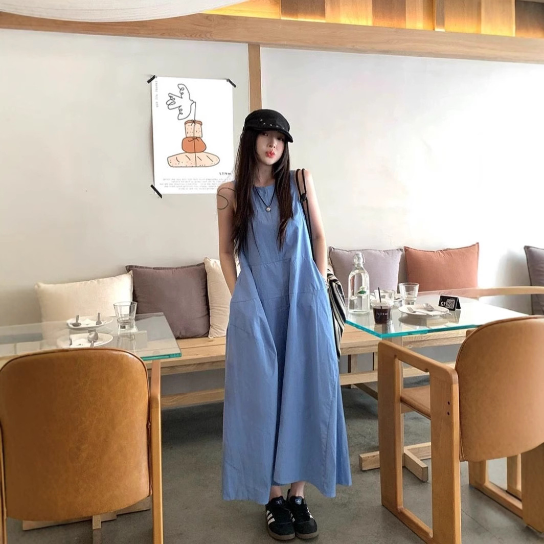 きれいめカジュアル ノースリーブロング丈ウエスト切替ワンピース