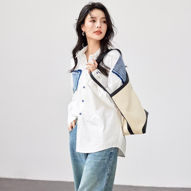 きれいめカジュアル デニムポケット切替長袖シャツ