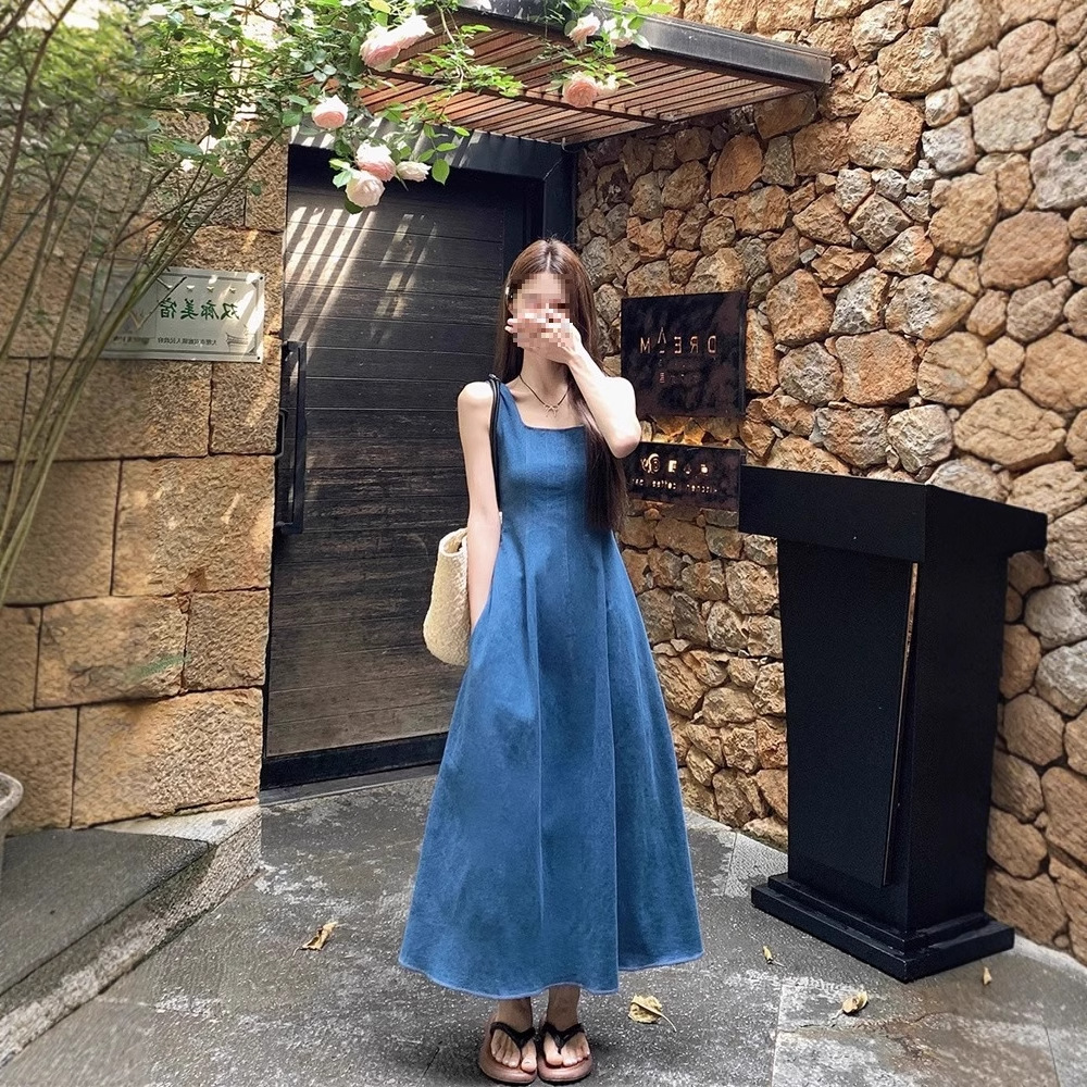 きれいめカジュアル スクエアネックデニムロングワンピース