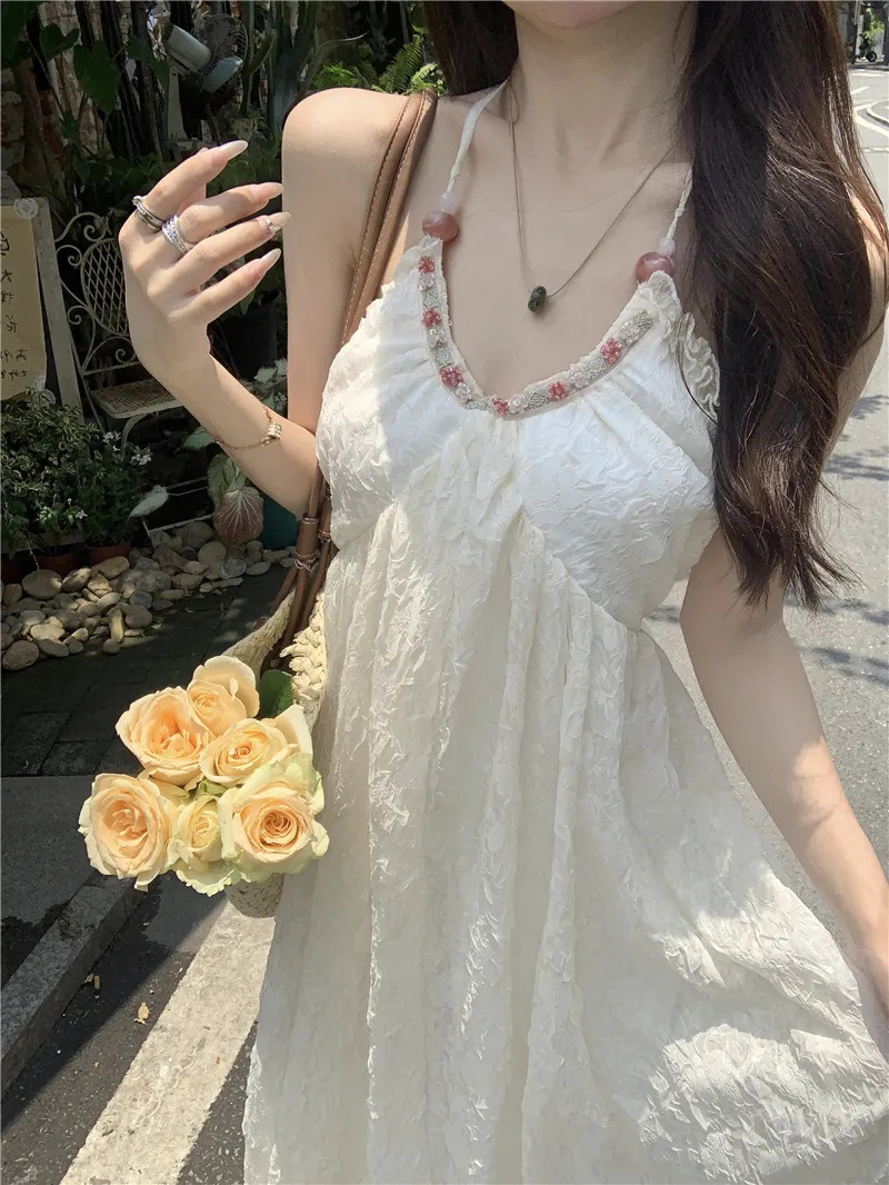 きれいめカジュアル 花刺繍レース使いロングキャミワンピース