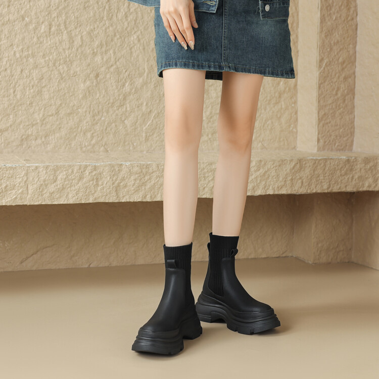 きれいめカジュアル 厚底ソックスブーツ 美脚効果 レディース靴 黒ベージュ