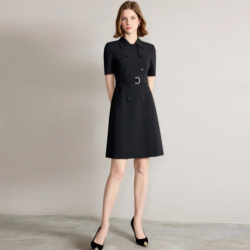 きれいめカジュアル 襟付きダブルボタンベルト付き半袖ワンピース