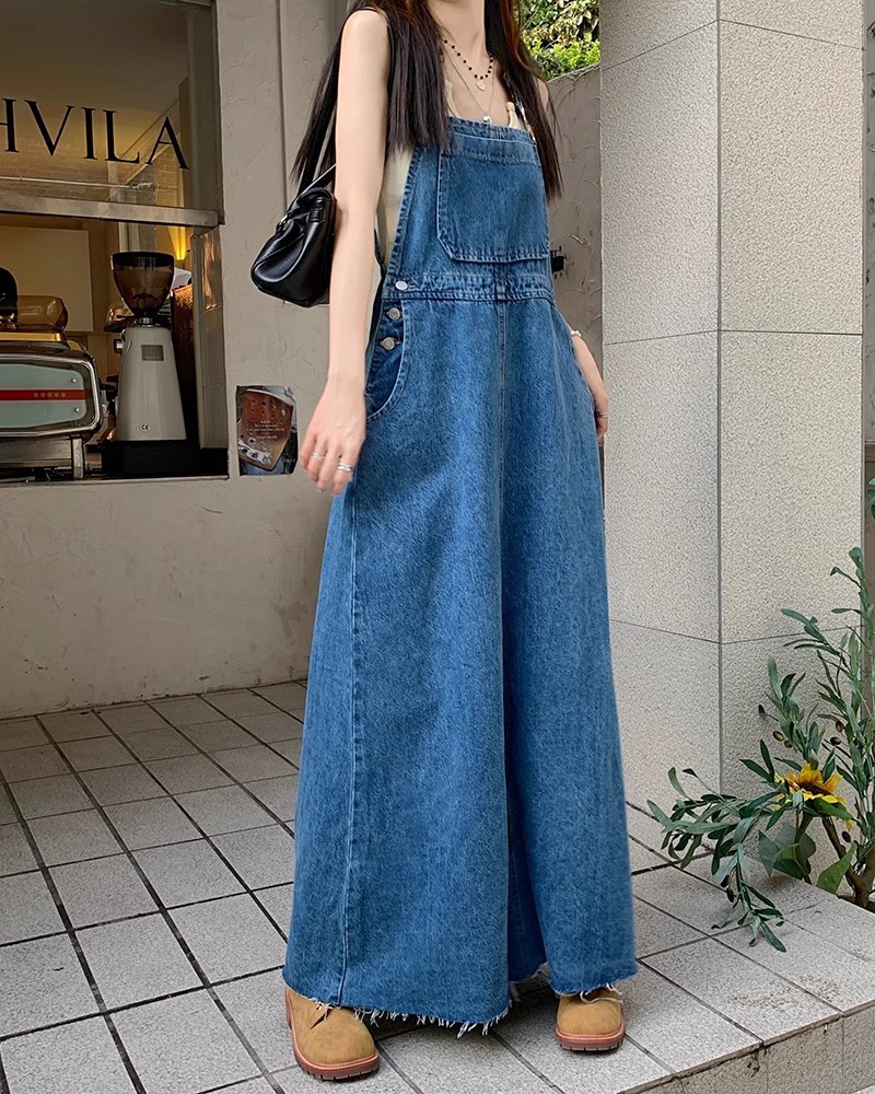 きれいめカジュアル デニムサロペットワイドパンツワンピース