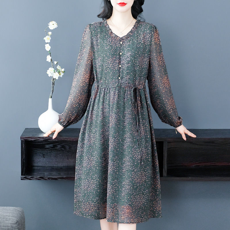 きれいめカジュアル 花柄シフォン長袖ワンピース