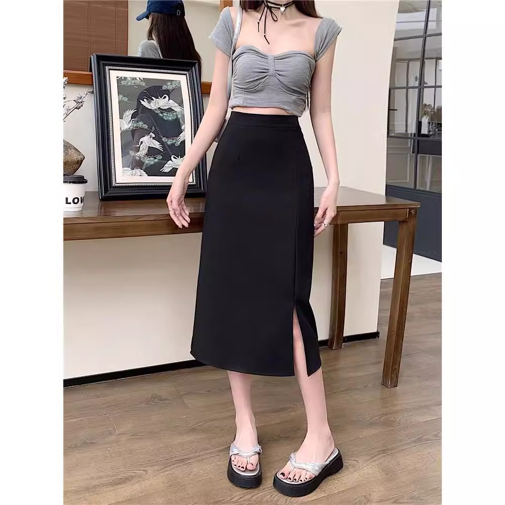 きれいめカジュアル フロントスリット入りハイウエストタイトスカート
