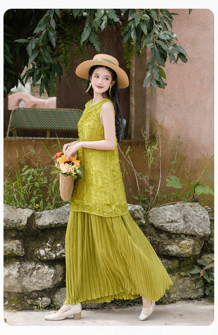 きれいめカジュアル レース切替プリーツロングワンピース