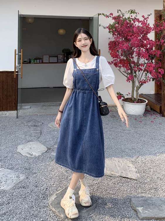 きれいめカジュアル デニムジャンパースカートワンピース膝下丈