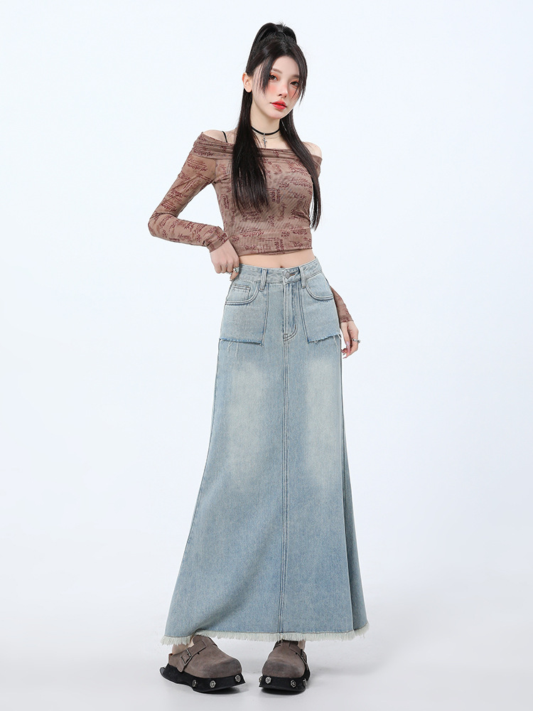 きれいめカジュアル フロントポケット付きロング丈デニムスカート