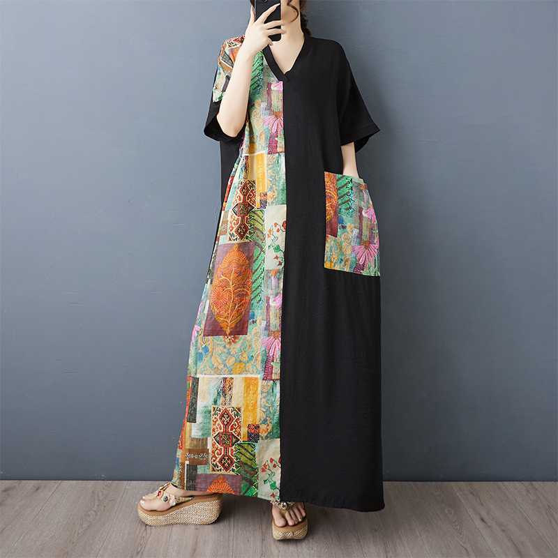 きれいめカジュアル パッチワーク柄切替ゆったり五分袖ロングワンピース
