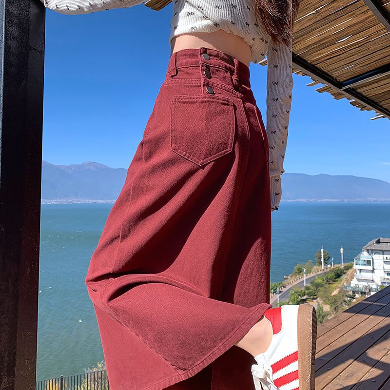 きれいめカジュアル ハイウエストスリットロング丈デニムスカート