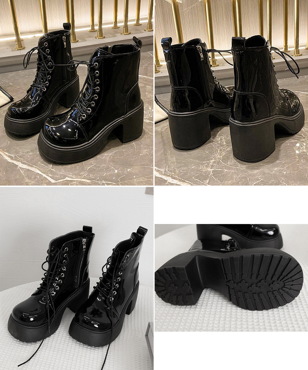 きれいめカジュアル 厚底編み上げ靴 太ヒール歩きやすいショートブーツ