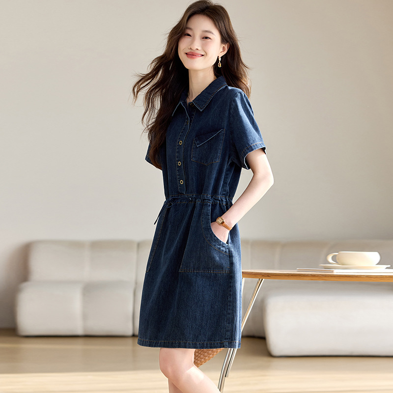 きれいめカジュアル 収腰牛仔連衣裙襟付き半袖ワンピース