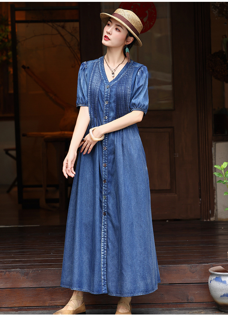 きれいめカジュアル ピンタック刺繍デニム生地の前開き半袖ロングワンピース