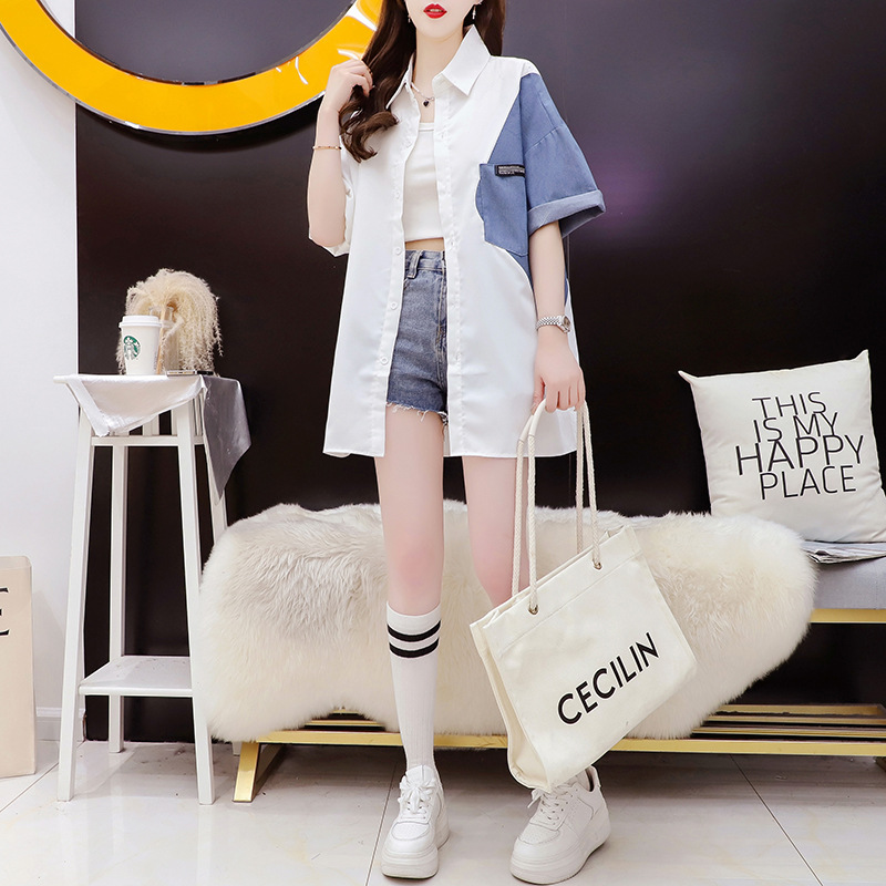 きれいめカジュアル 配色切替デニム袖オーバーサイズ半袖シャツ