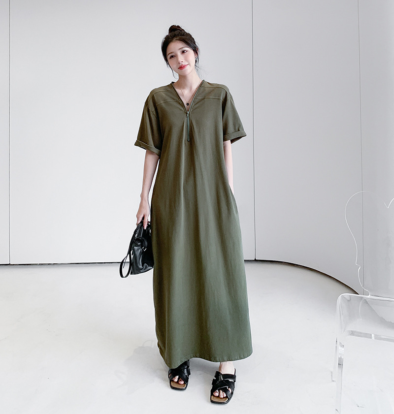 きれいめカジュアル ジップ襟半袖ゆったりロング丈ワンピース