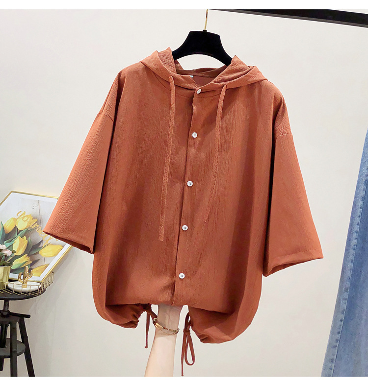 きれいめカジュアル 五分袖ボタン開閉フード付きゆったりシャツパーカー