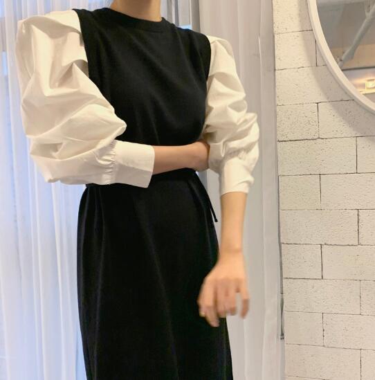 きれいめカジュアル レイヤード風長袖ワンピース ロング丈ニットベスト重ね着風