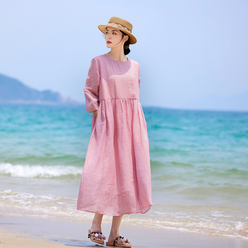 きれいめカジュアル ナチュラルリネン調ギャザー切替長袖ゆったりワンピース