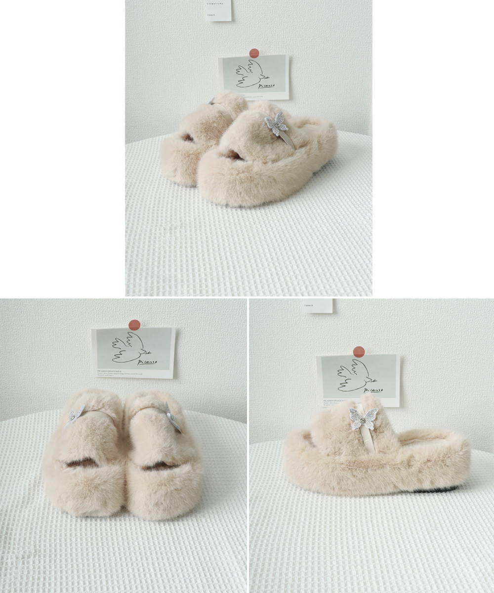 きれいめカジュアル 蝶々モチーフ もこもこファー厚底靴 冬用サンダル