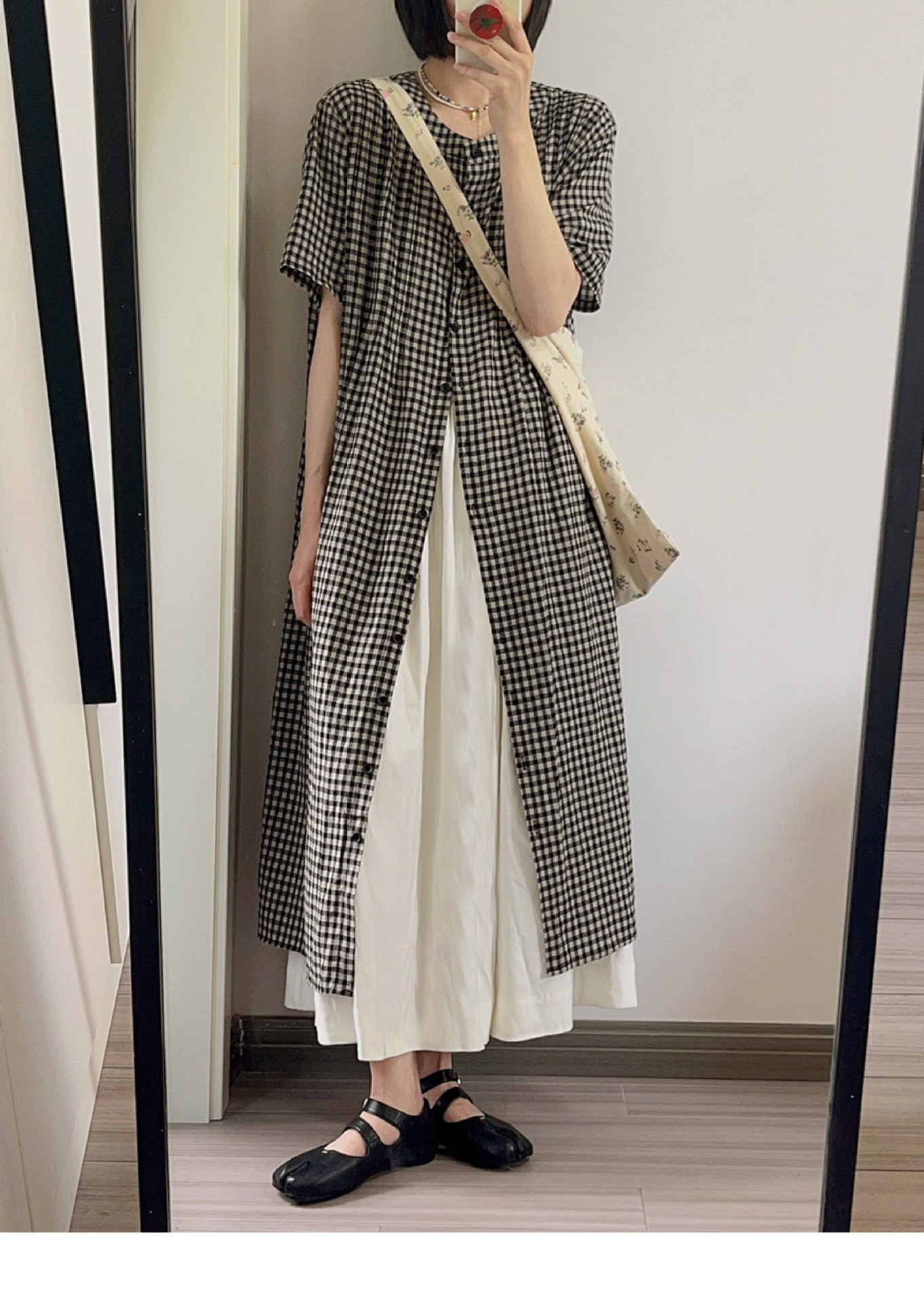 きれいめカジュアル 格子柄シャツワンピース 半袖 重ね着風 妊婦対応