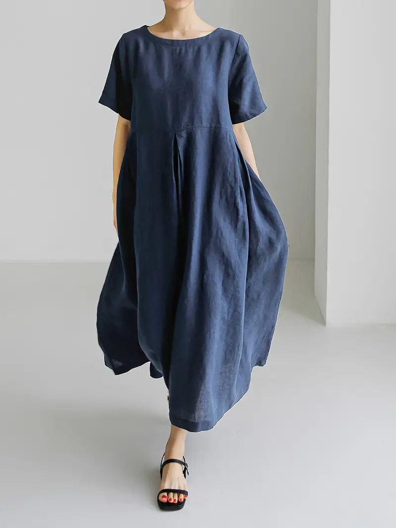 きれいめカジュアル リネン混バルーンシルエット半袖ロングワンピース