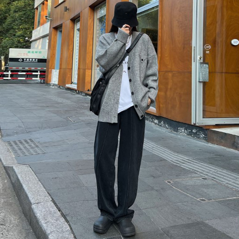 グレーファッション ゆったりニットカーディガン 春秋冬対応 前開きボタン