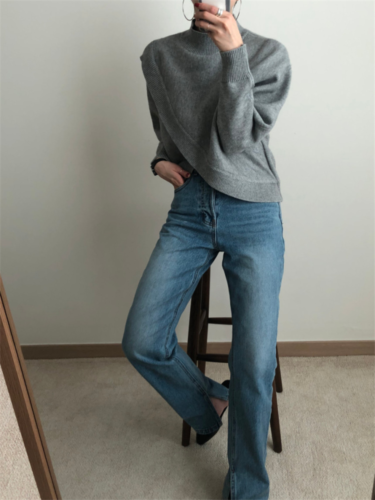 グレーファッション 交差デザイン長袖ニットセーター