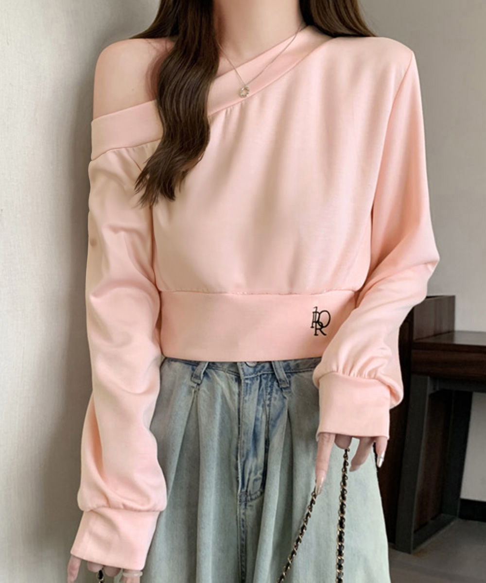 グレーファッション 肩見せオフショルダースウェット ショート丈トレーナー