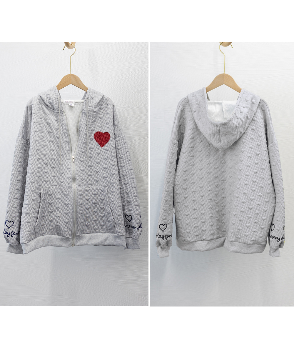 グレーファッション 立体感加工ジップパーカー レディース春秋用