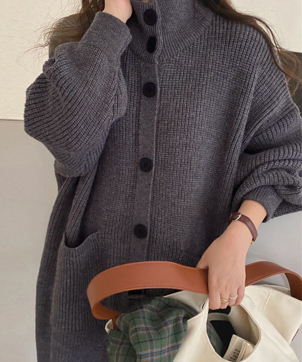 グレーファッション 厚手ロングニットカーディガン レディース